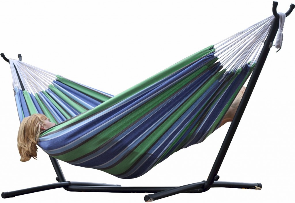 Vivere Double Hammock with Space Saving Steel Stand, Oasis