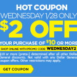 Dollar General $2 OFF $10+ Purchase eCoupon (Valid Tomorrow Only!)
